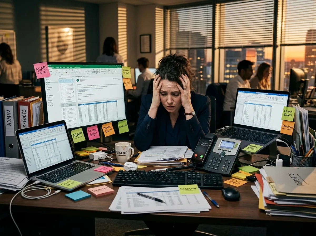 A business owner buried in admin at their desk